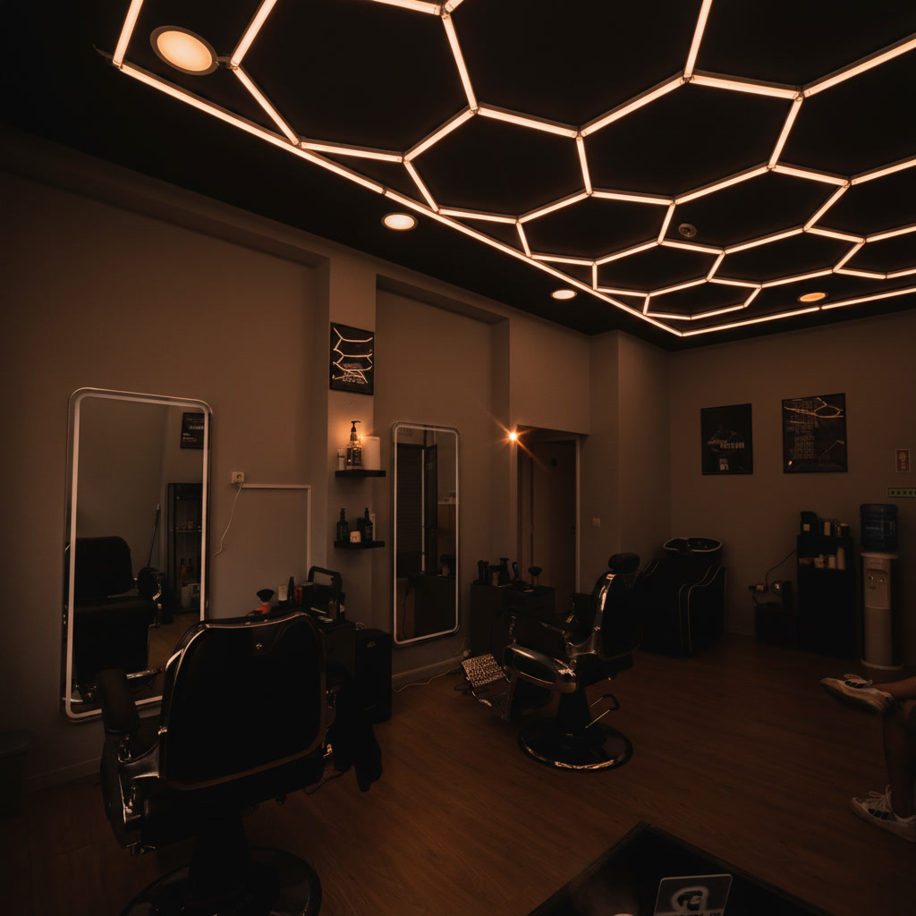 Interior of Blackout Barbershop Maia with hexagonal LED ceiling lighting and premium chairs